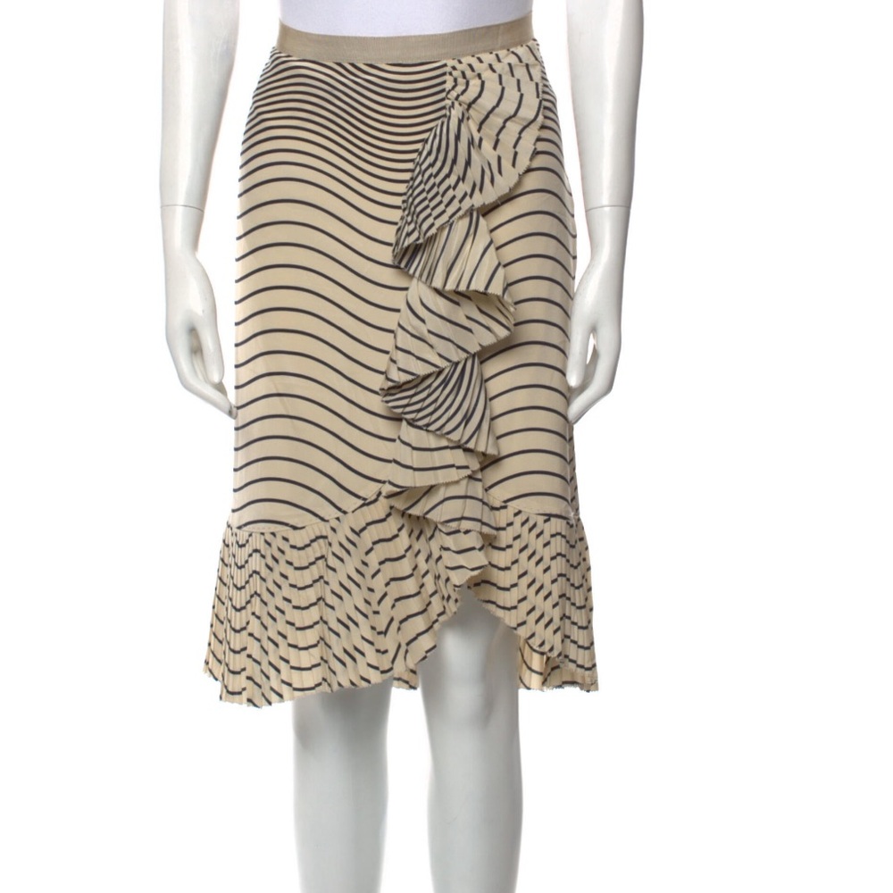 Tory Burch Silk Knee-Length Striped Ruffle Skirt - Black and Cream